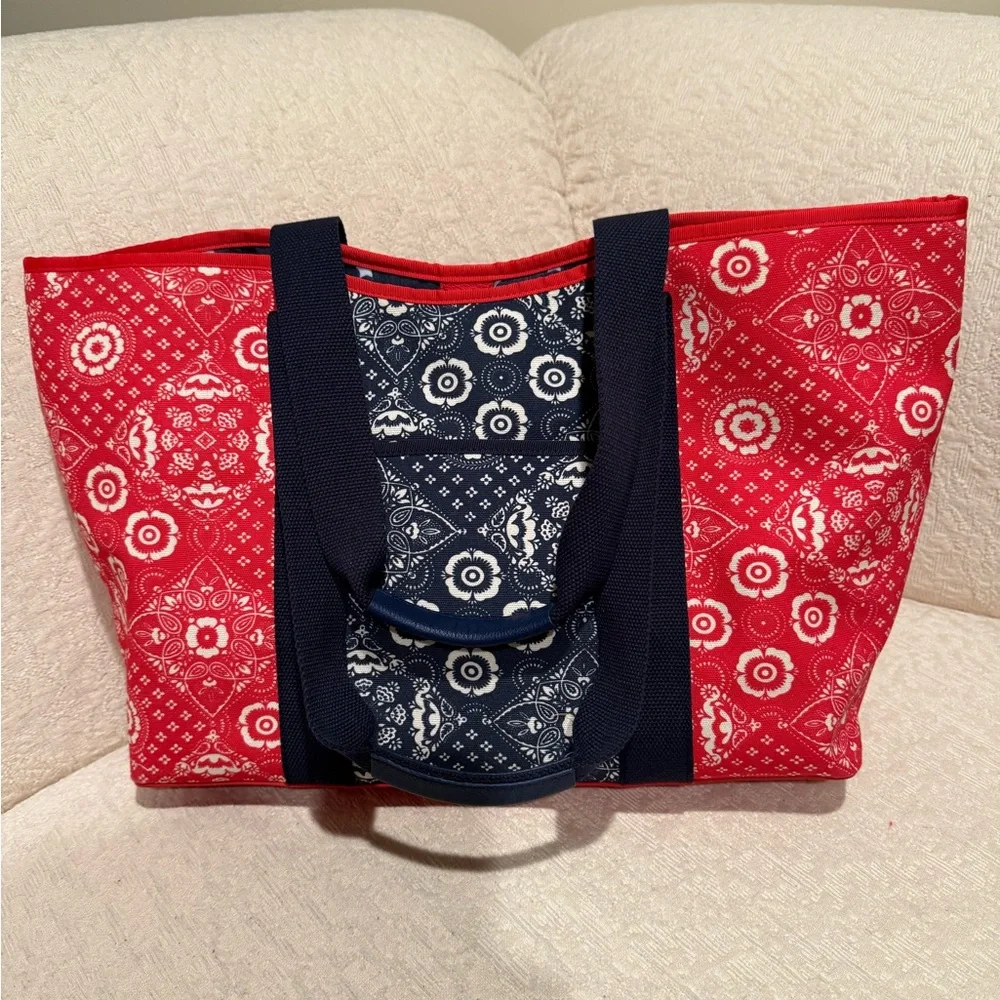 Talbots Canvas Tote Red White Blue Hankerchief Print Purse w Pockets Mag Closure